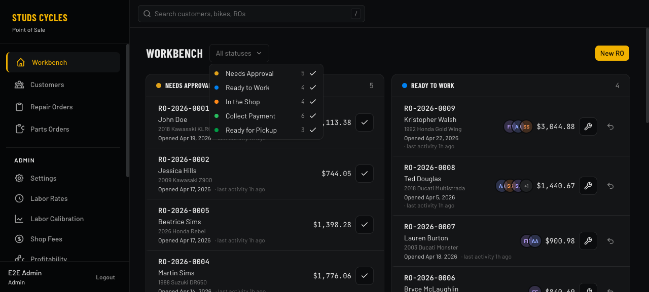 Workbench with status filter dropdown open