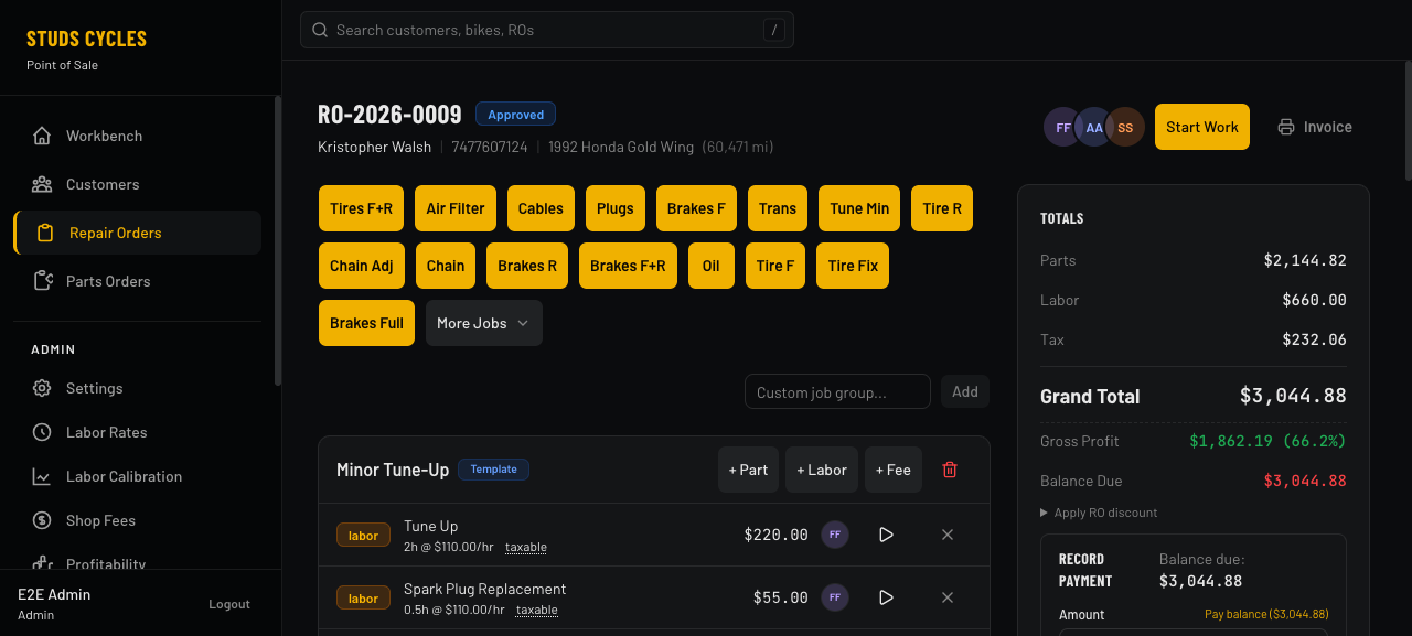 RO builder with labor lines, totals, and payment panel